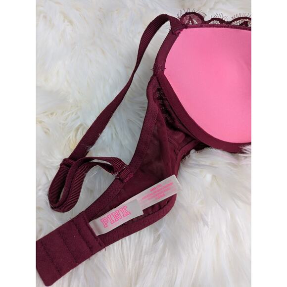 PINK by Victoria’s Secret 34DD Bra Push-Up Lace Burgundy Underwire Sexy - Picture 8 of 9